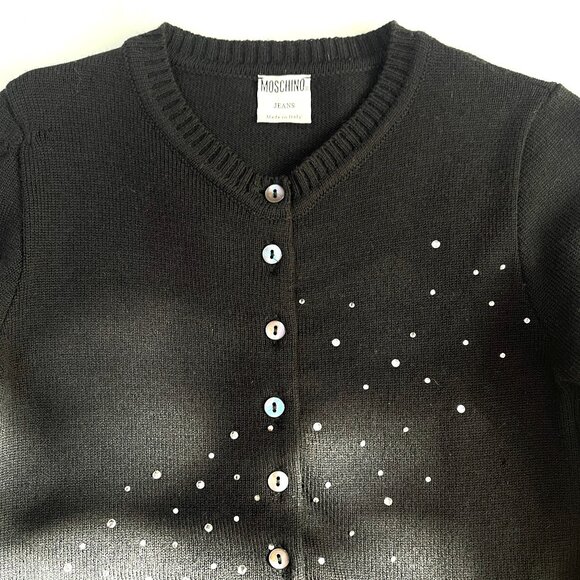 Auc Moschno Rhinestones embellished Lana Wool Black cardigan S - Picture 7 of 14